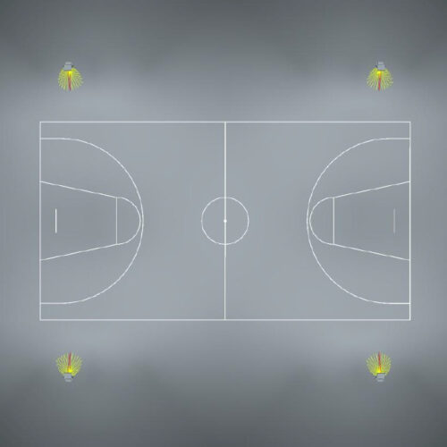 Simulación de iluminación de cancha de básquetbol realizada en DIALux