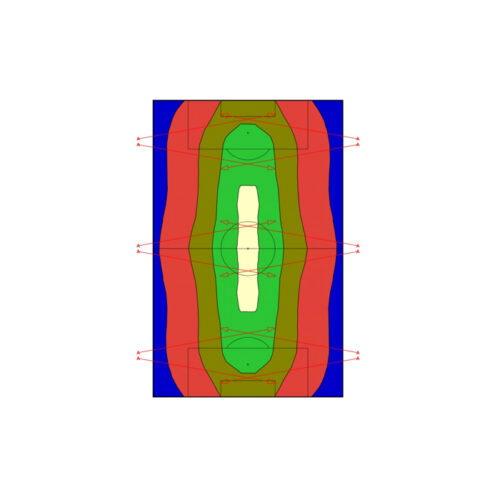 Resultados de cálculos lumínicos en CalcuLux para una cancha de fútbol 11